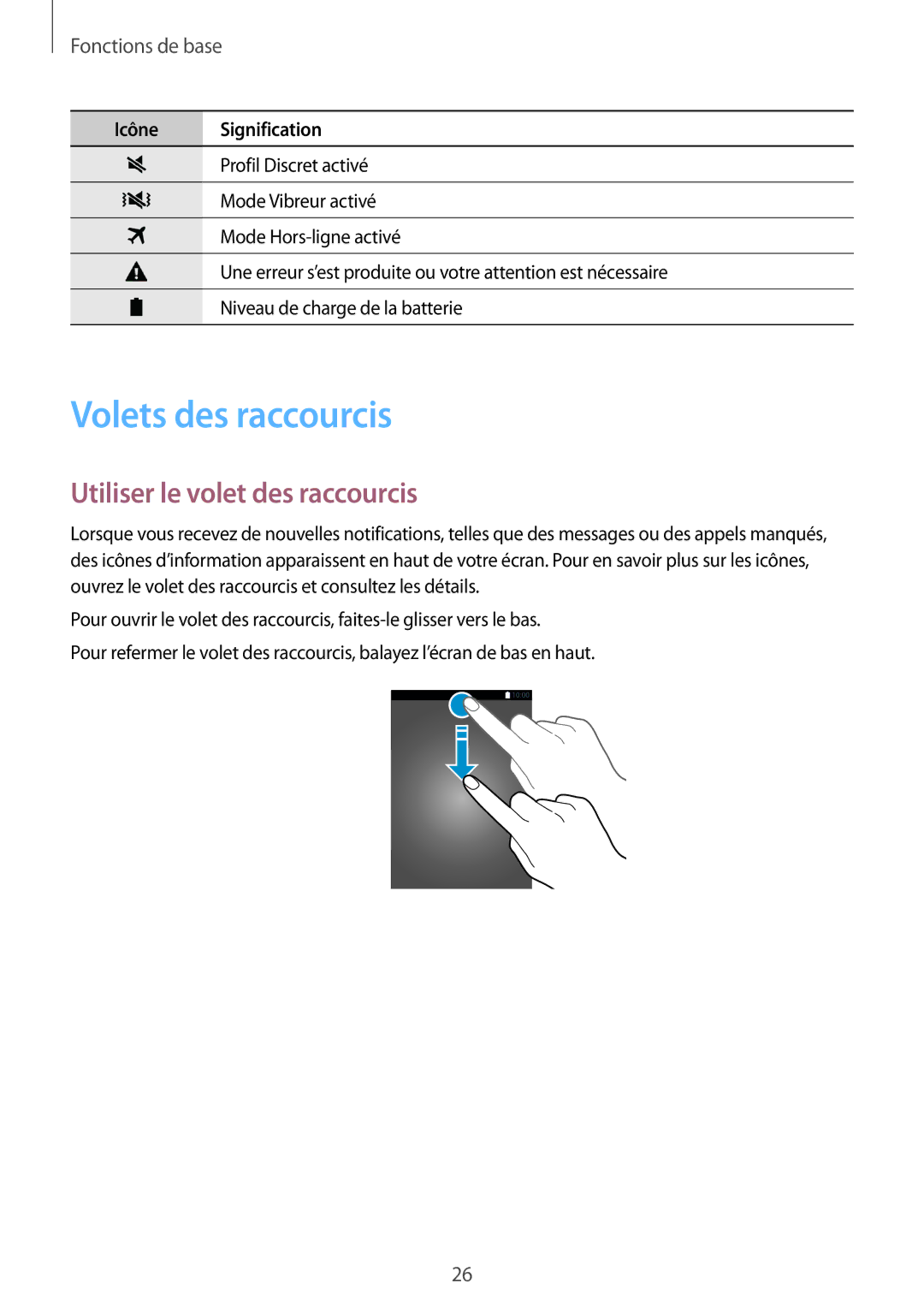 Samsung SM2G900FZWAVVT, SM-G900FZWABOG, SM-G900FZKABOG manual Volets des raccourcis, Utiliser le volet des raccourcis 