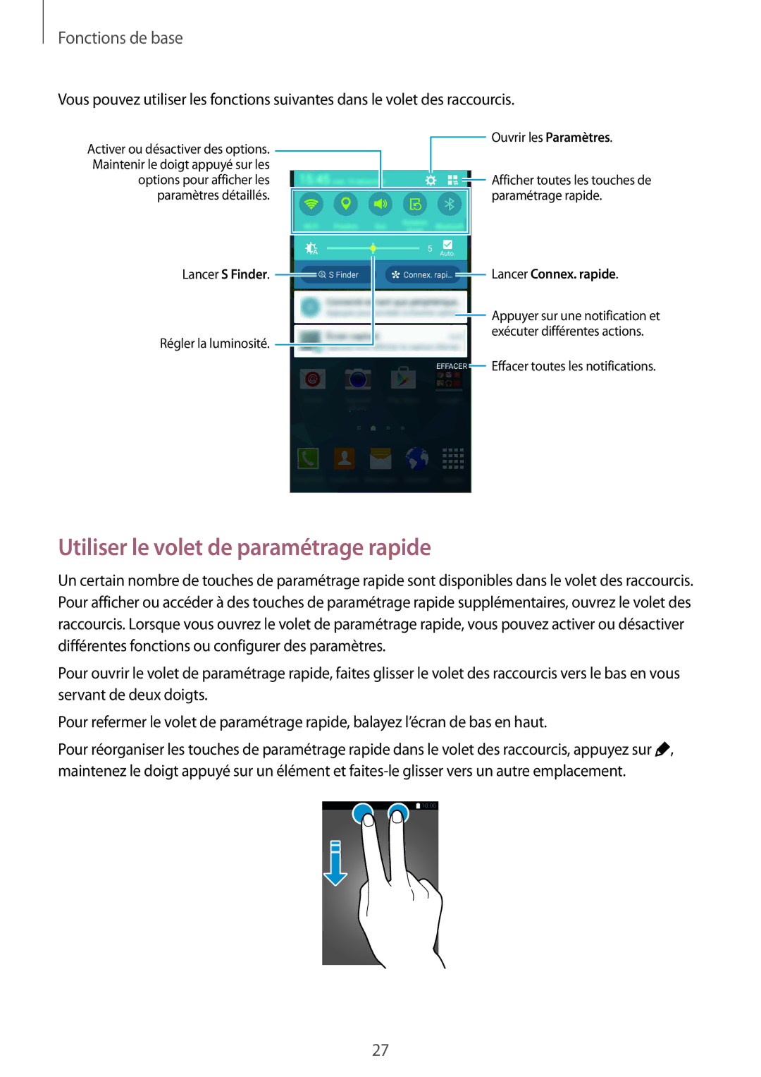 Samsung SM-G900FZBABGL, SM-G900FZWABOG, SM-G900FZKABOG manual Utiliser le volet de paramétrage rapide, Lancer Connex. rapide 