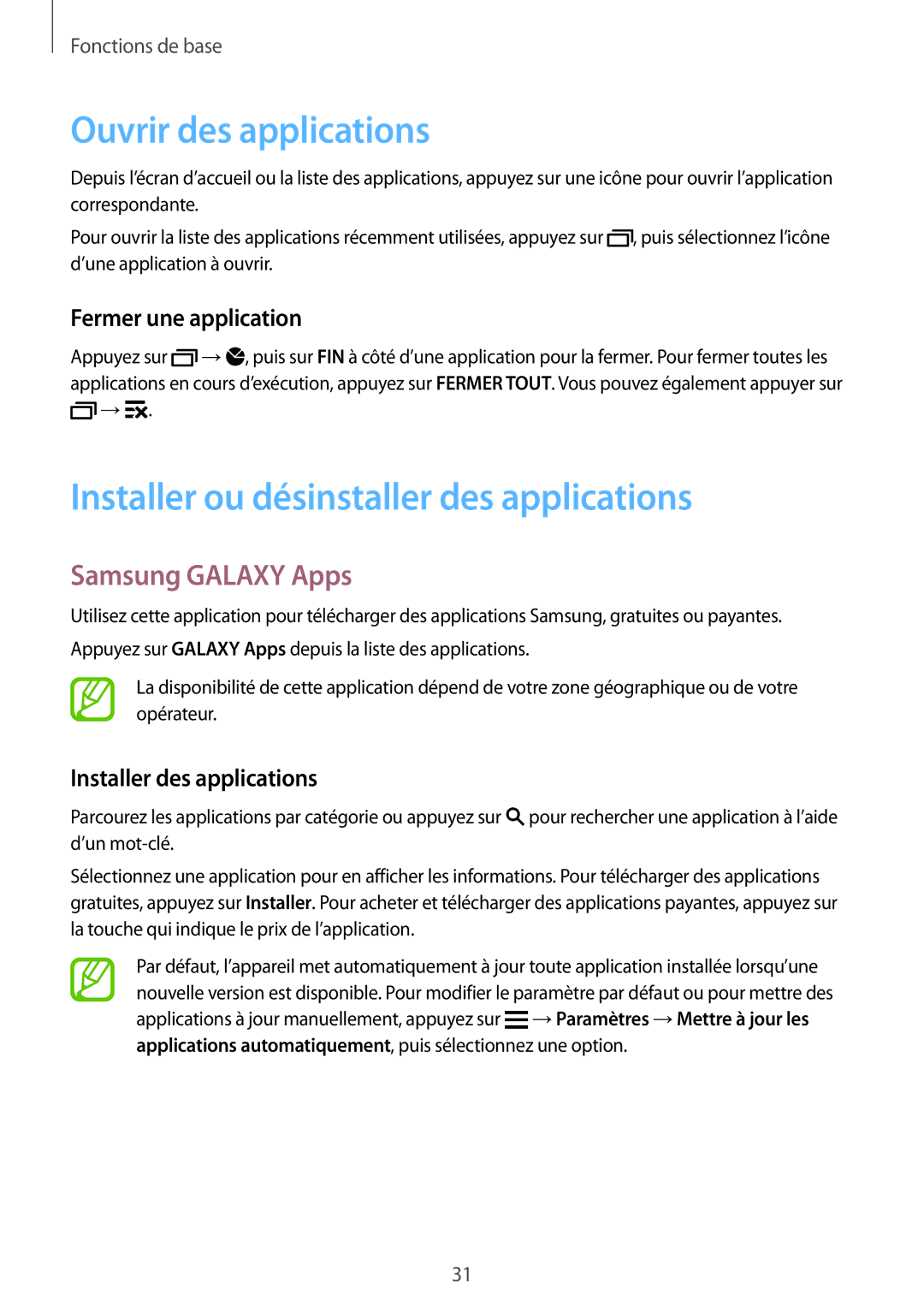 Samsung SM2G900FZKAMTL manual Ouvrir des applications, Installer ou désinstaller des applications, Samsung Galaxy Apps 