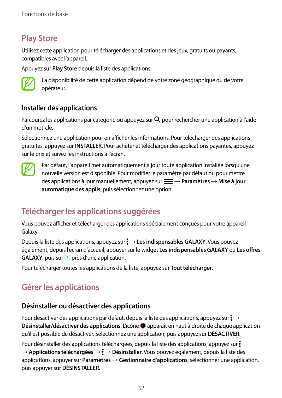 Samsung SM2G900FZKAGBL, SM-G900FZWABOG manual Play Store, Télécharger les applications suggérées, Gérer les applications 