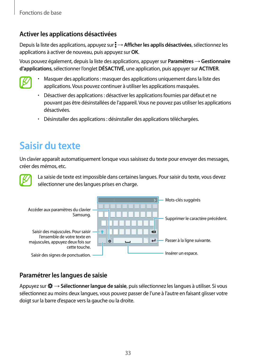 Samsung SM-G900FZWAMTL manual Saisir du texte, Activer les applications désactivées, Paramétrer les langues de saisie 