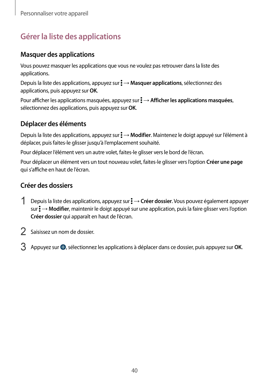 Samsung SM-G900FZBAGBL, SM-G900FZWABOG Gérer la liste des applications, Masquer des applications, Déplacer des éléments 