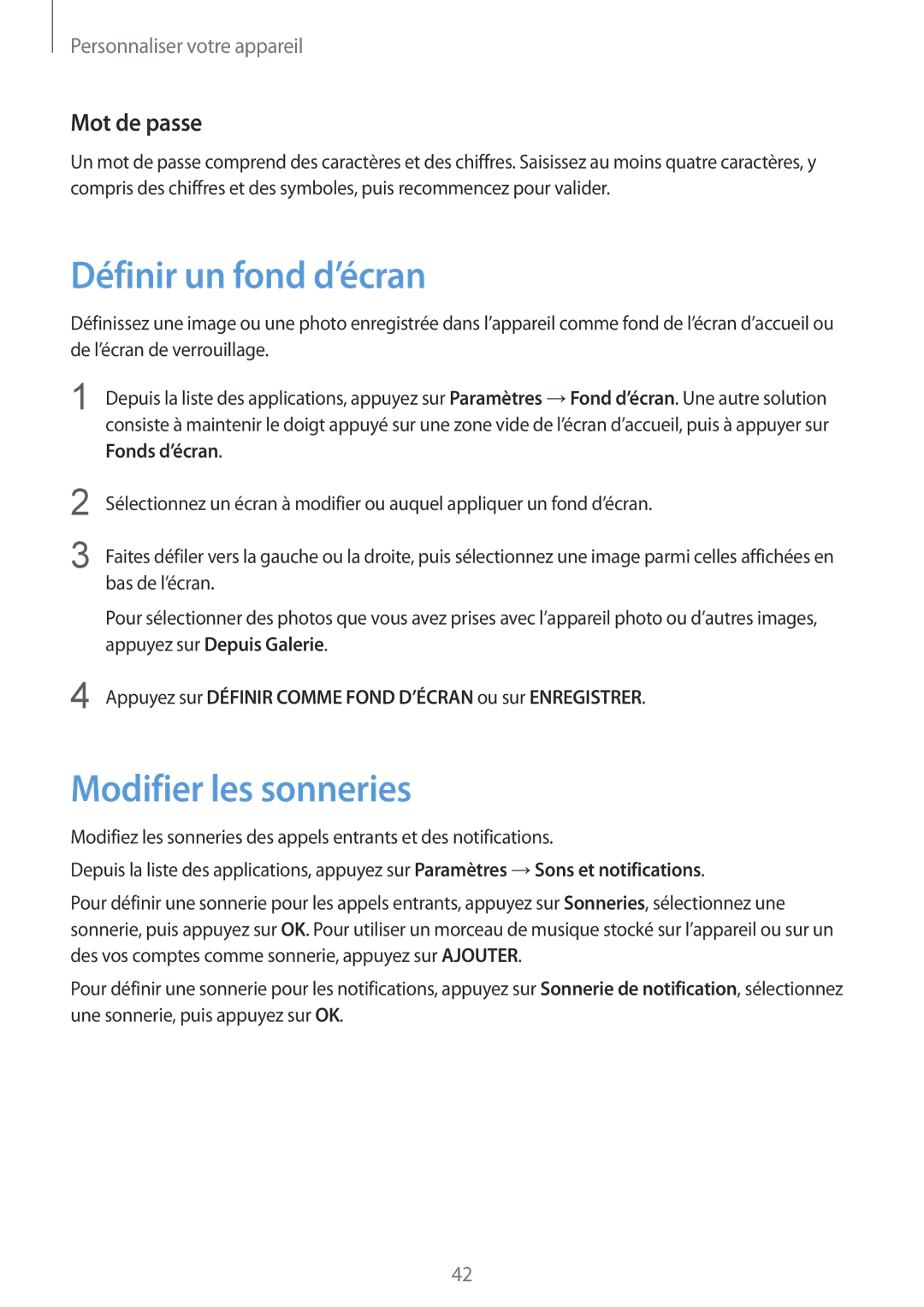 Samsung SM2G900FZWABGL, SM-G900FZWABOG, SM-G900FZKABOG manual Définir un fond d’écran, Modifier les sonneries, Mot de passe 