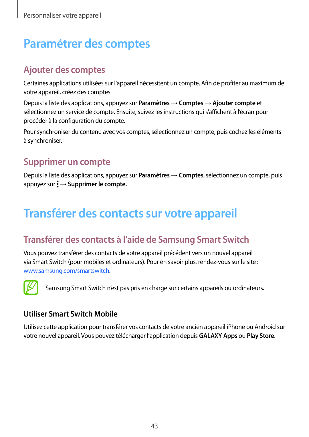 Samsung SM2G900FZKAVVT manual Paramétrer des comptes, Transférer des contacts sur votre appareil, Ajouter des comptes 