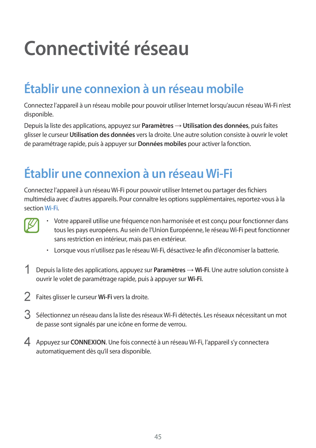 Samsung SM-G900FZBAVVT, SM-G900FZWABOG, SM-G900FZKABOG manual Connectivité réseau, Établir une connexion à un réseau mobile 