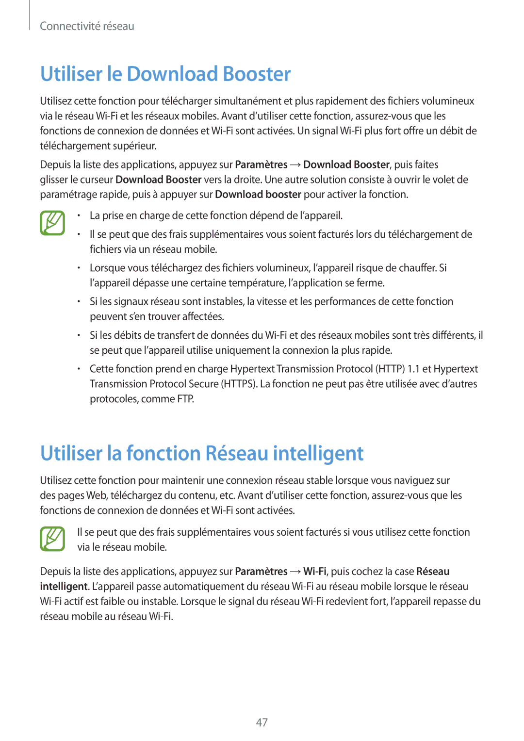 Samsung SM2G900FZWAGBL, SM-G900FZWABOG manual Utiliser le Download Booster, Utiliser la fonction Réseau intelligent 