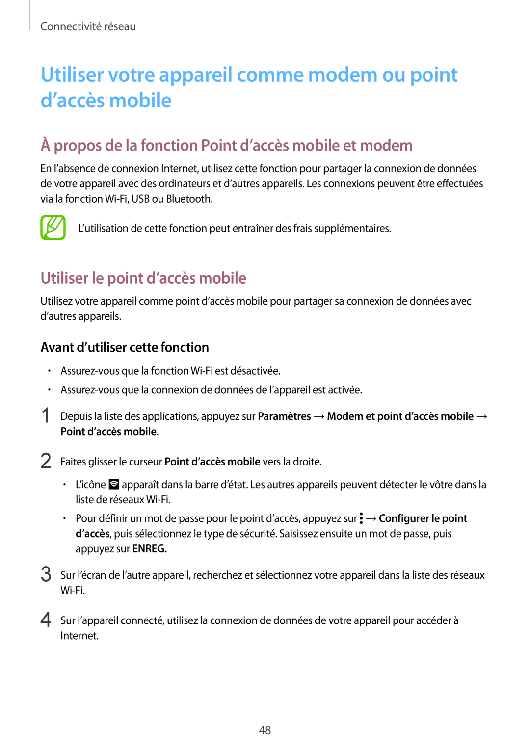 Samsung SM-G900FZWABOG manual Utiliser votre appareil comme modem ou point d’accès mobile, Utiliser le point d’accès mobile 