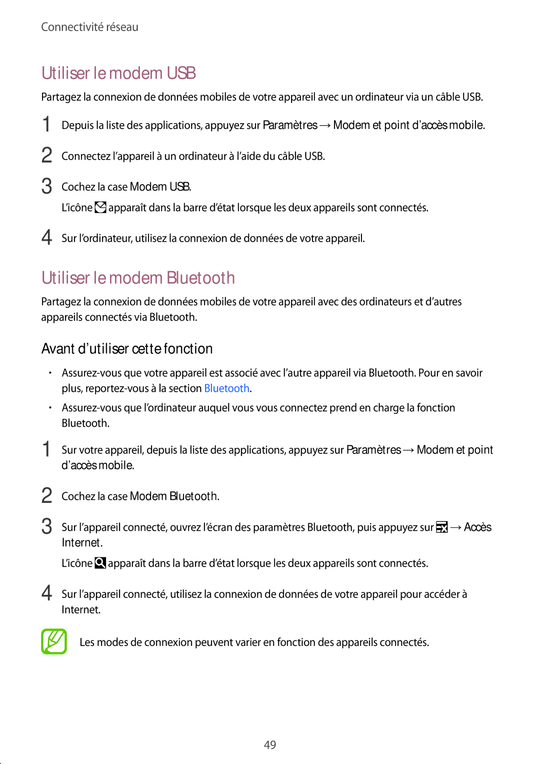 Samsung SM-G900FZKABOG, SM-G900FZWABOG manual Utiliser le modem USB, Utiliser le modem Bluetooth, ’accès mobile, Internet 