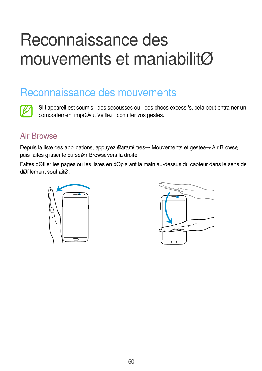 Samsung SM-G900FZBAXEF, SM-G900FZWABOG, SM-G900FZKABOG, SM-G900FZKAFTM manual Reconnaissance des mouvements, Air Browse 