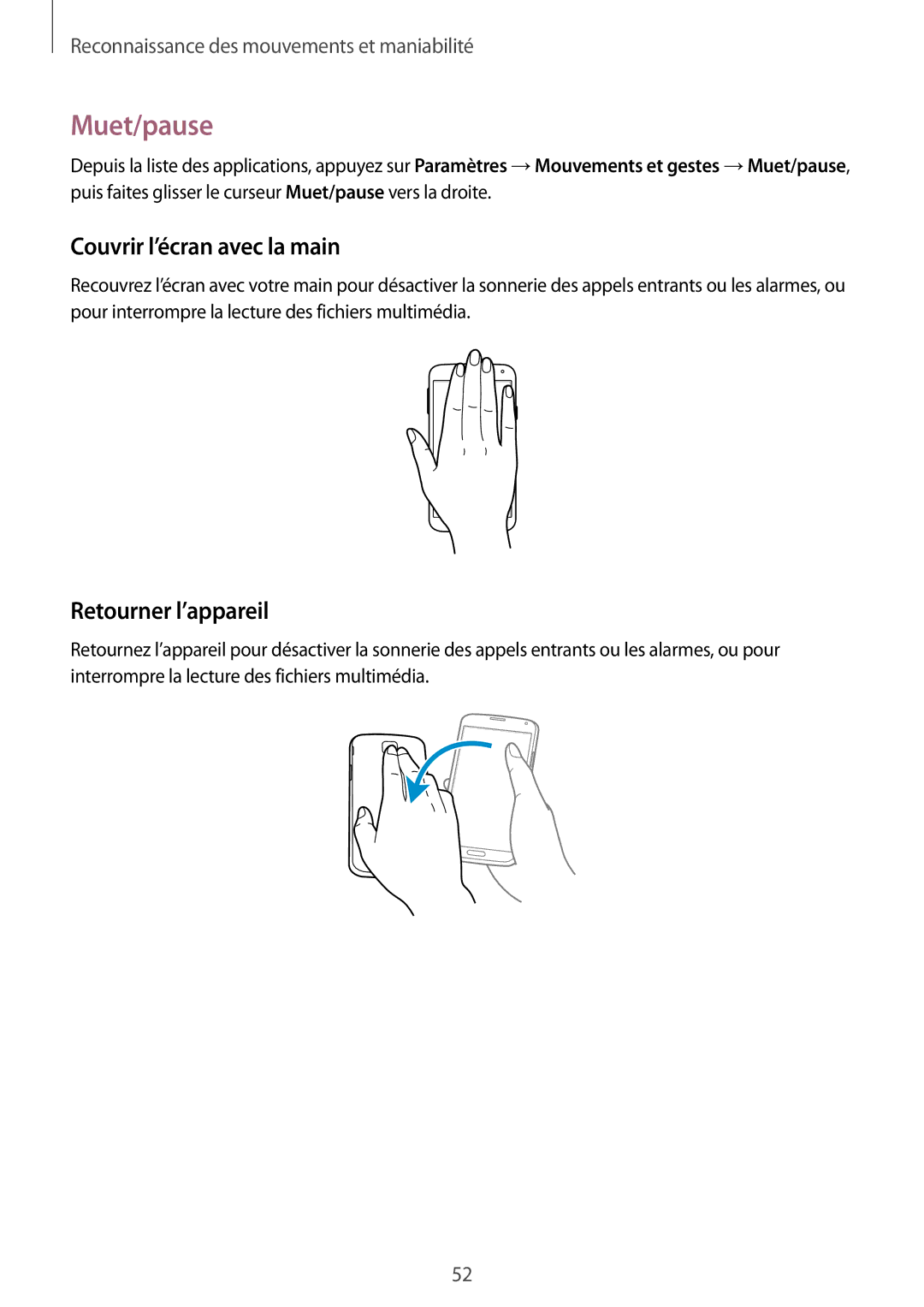 Samsung SM-G900FZDAFTM, SM-G900FZWABOG, SM-G900FZKABOG manual Muet/pause, Couvrir l’écran avec la main, Retourner l’appareil 