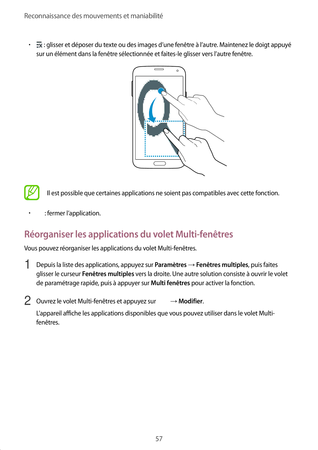 Samsung SM-G900FZWAVGF, SM-G900FZWABOG, SM-G900FZKABOG, SM-G900FZBAXEF Réorganiser les applications du volet Multi-fenêtres 