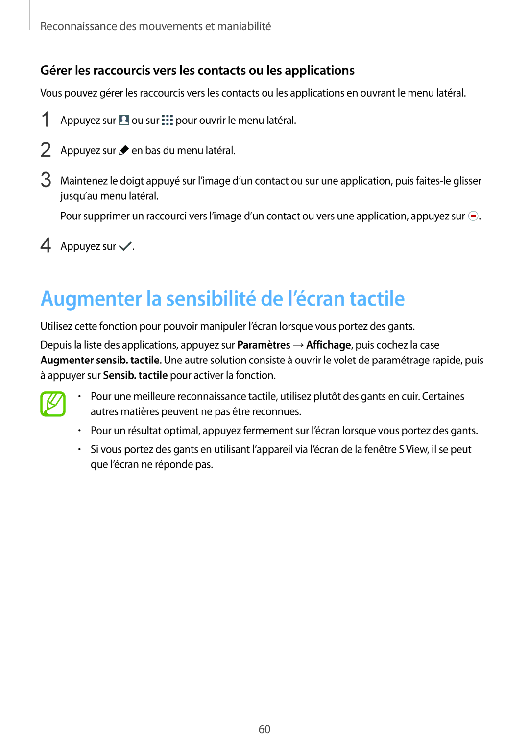 Samsung SM-G900FZWASFR, SM-G900FZWABOG, SM-G900FZKABOG, SM-G900FZBAXEF manual Augmenter la sensibilité de l’écran tactile 