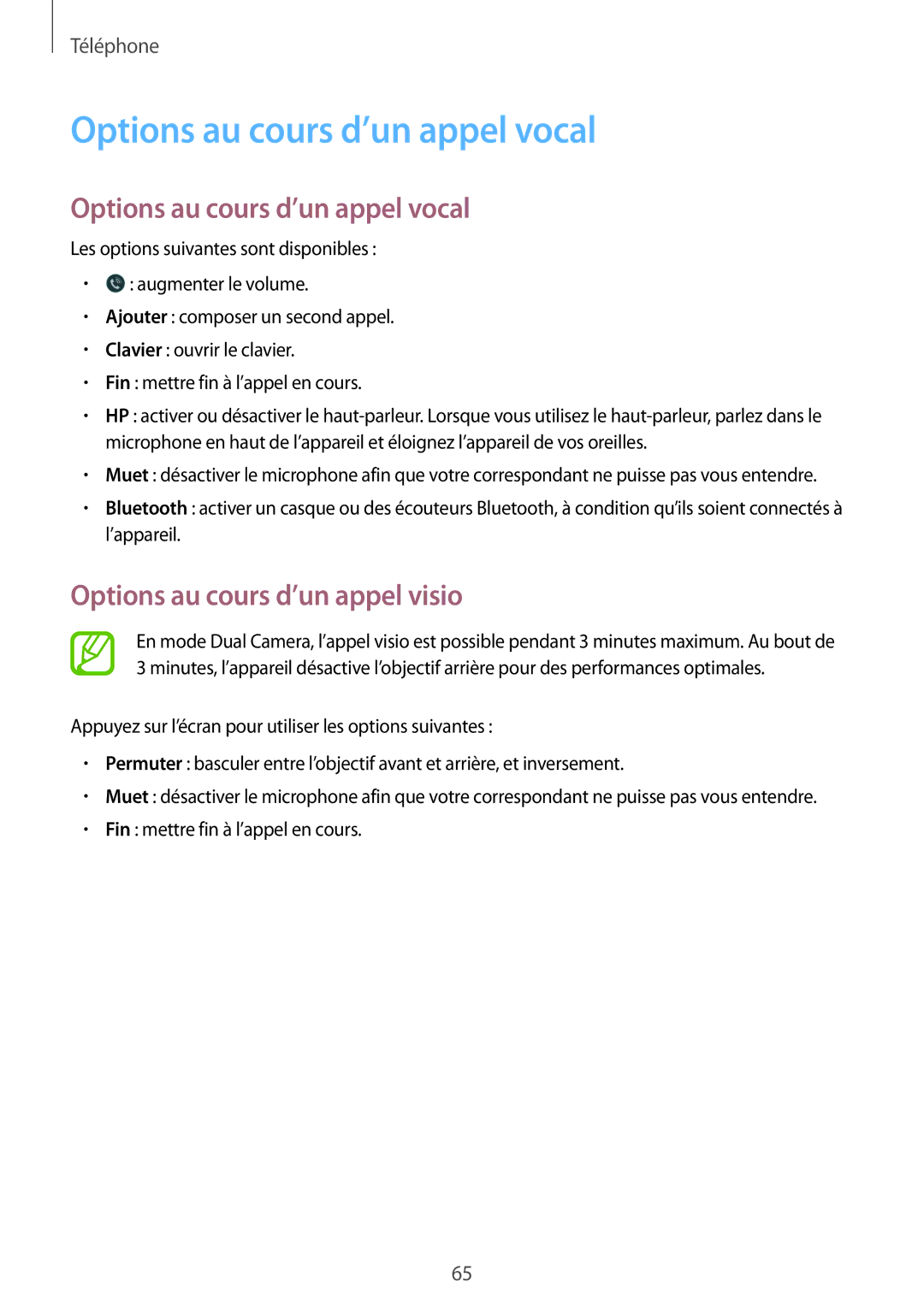 Samsung SM-G900FZDABOG, SM-G900FZWABOG, SM-G900FZKABOG Options au cours d’un appel vocal, Options au cours d’un appel visio 