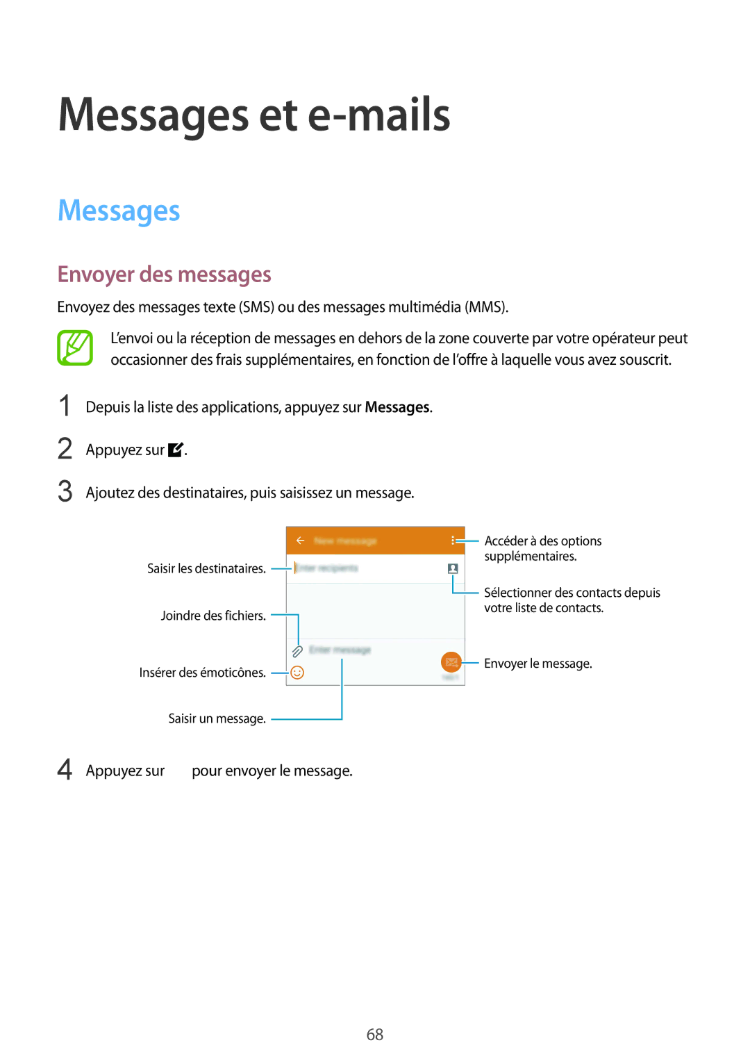 Samsung SM-G900FZWAGBL, SM-G900FZWABOG, SM-G900FZKABOG, SM-G900FZBAXEF manual Messages et e-mails, Envoyer des messages 