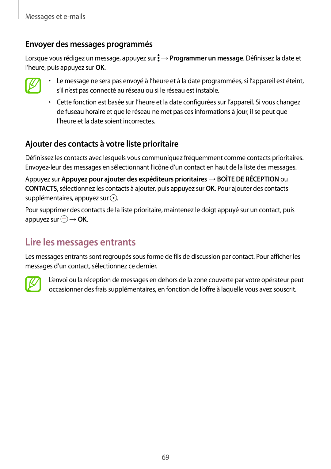 Samsung SM2G900FZBAGBL, SM-G900FZWABOG, SM-G900FZKABOG manual Lire les messages entrants, Envoyer des messages programmés 