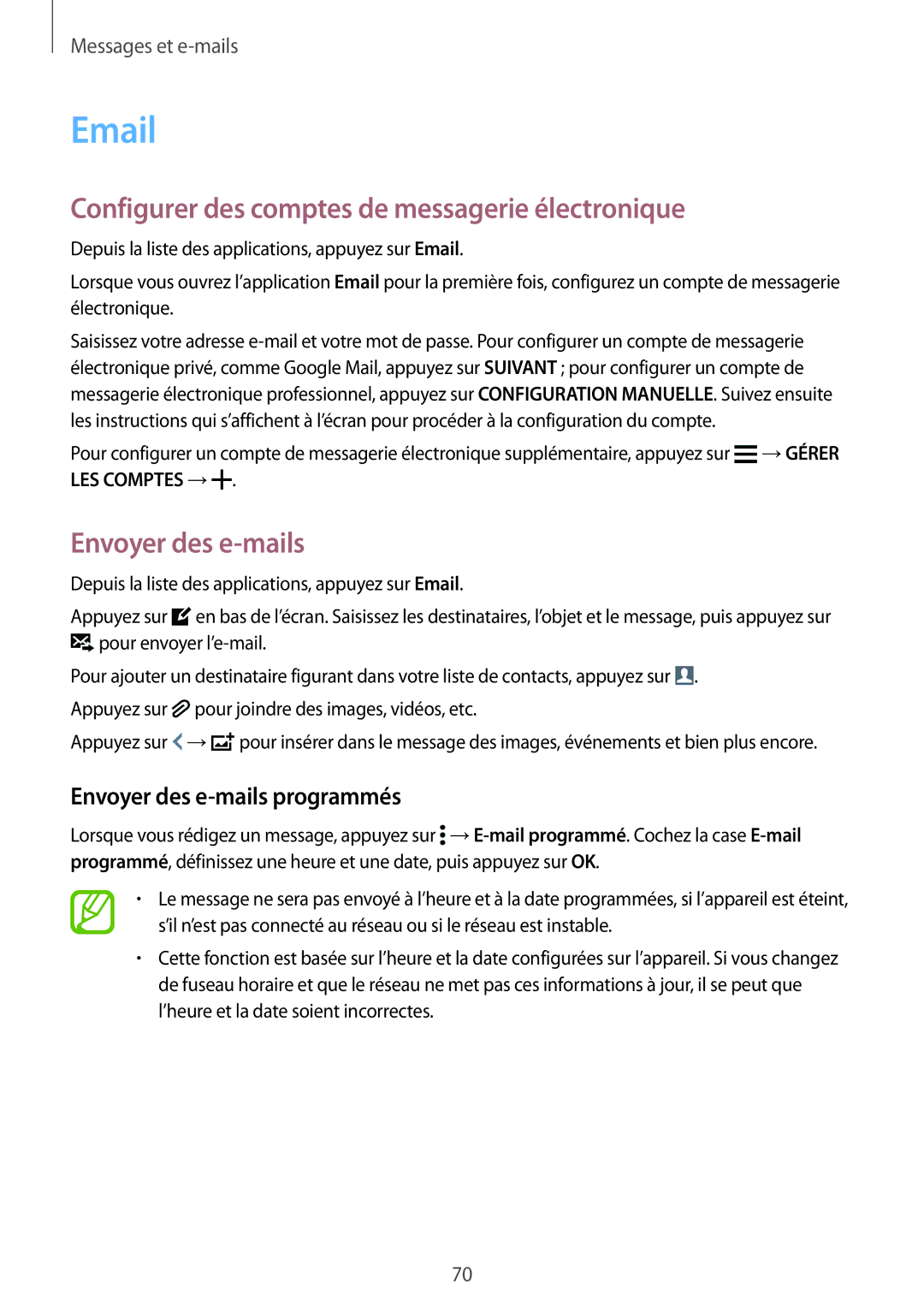 Samsung SM2G900FZBAVVT, SM-G900FZWABOG manual Configurer des comptes de messagerie électronique, Envoyer des e-mails 