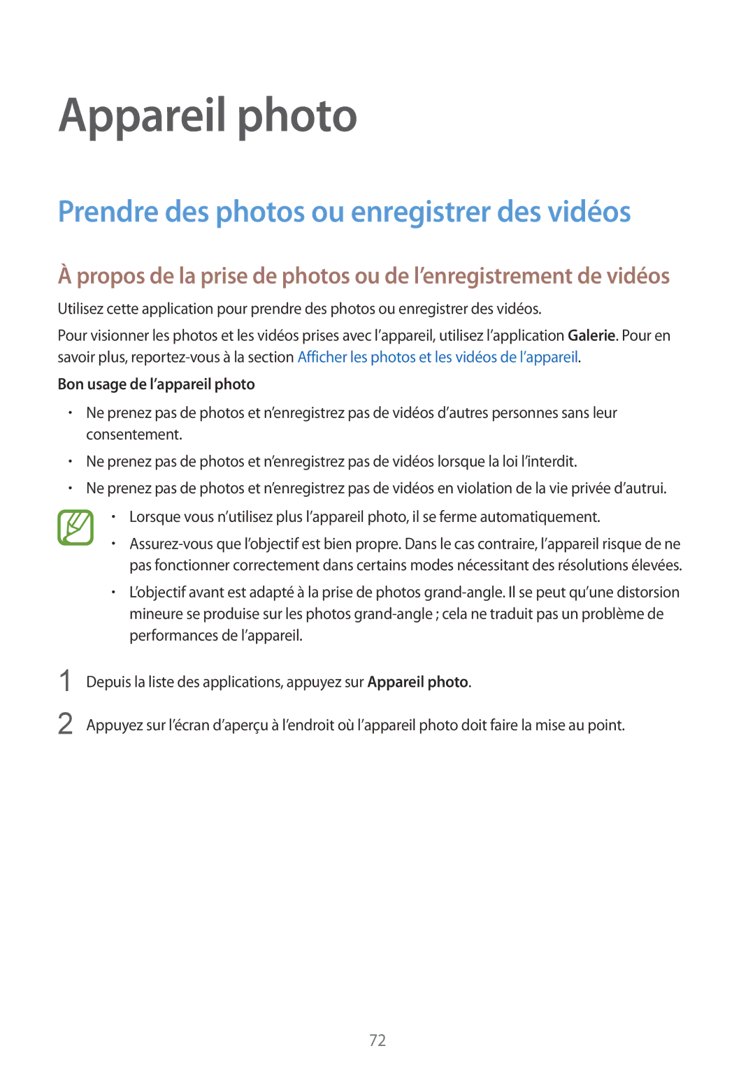 Samsung SM2G900FZDAMTL manual Appareil photo, Prendre des photos ou enregistrer des vidéos, Bon usage de l’appareil photo 