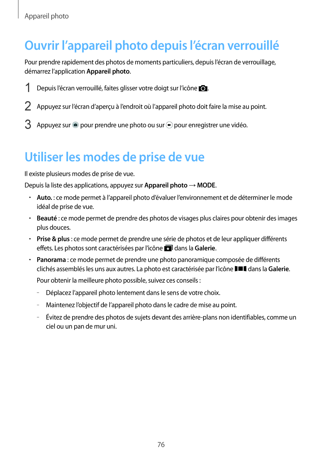 Samsung SM-G900FZWABGL manual Utiliser les modes de prise de vue, Ouvrir l’appareil photo depuis l’écran verrouillé 