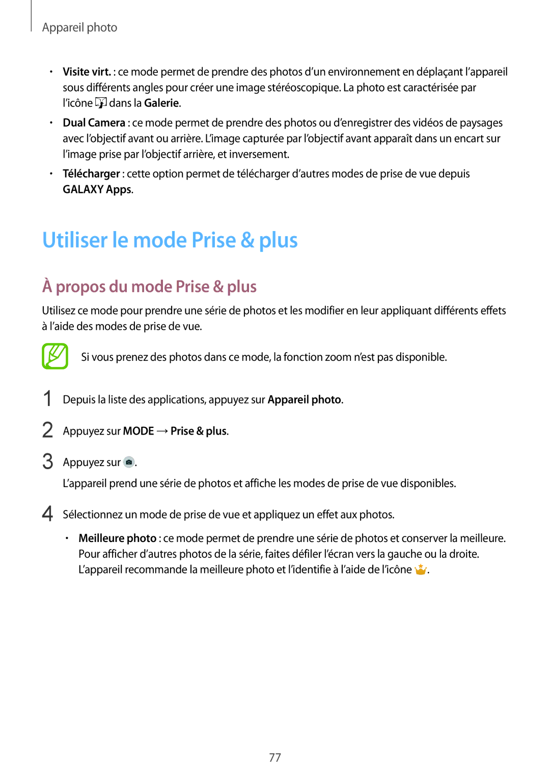 Samsung SM-G900FZDAMTL manual Utiliser le mode Prise & plus, Propos du mode Prise & plus, Appuyez sur Mode →Prise & plus 