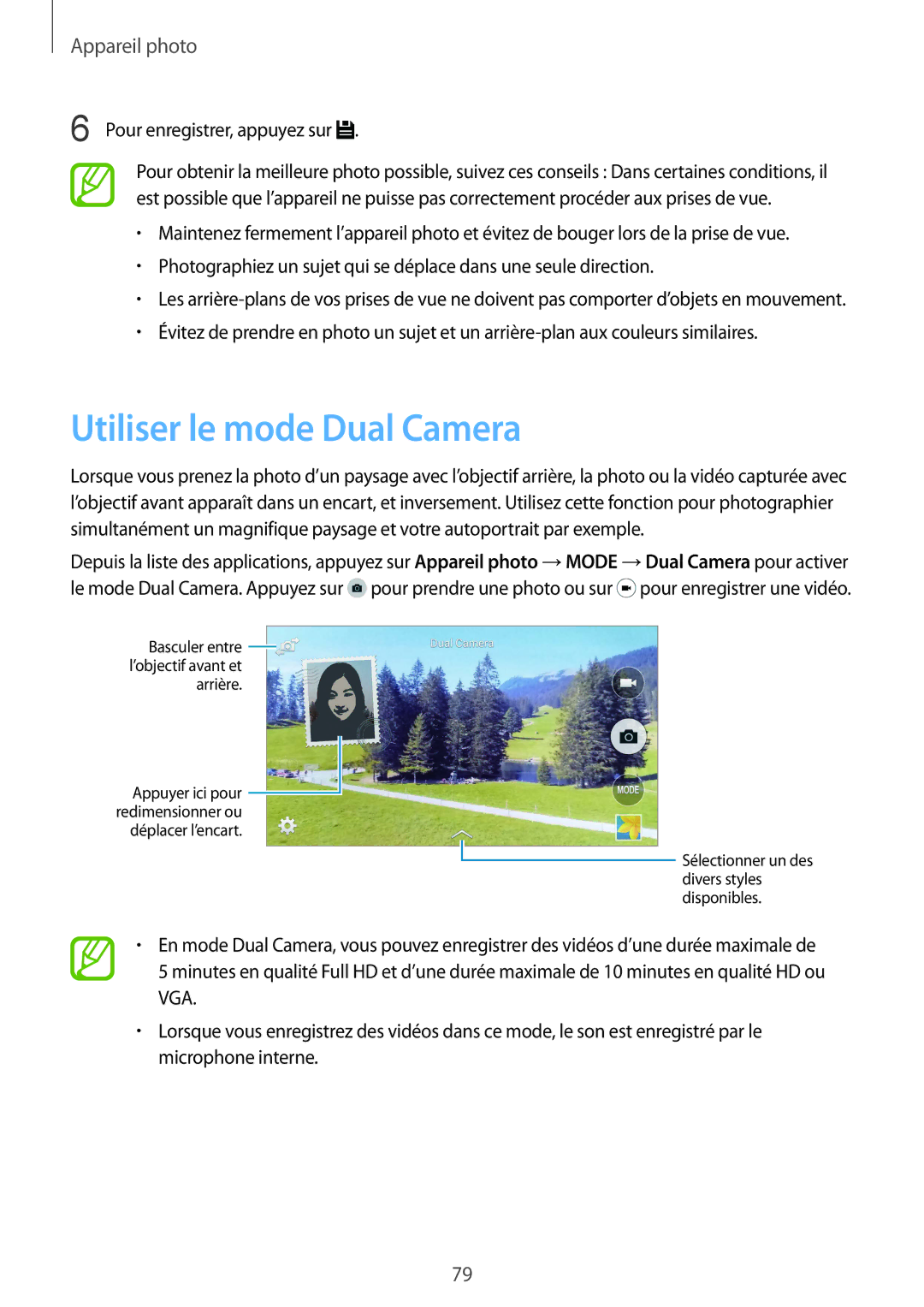 Samsung SM2G900FZKAMTL, SM-G900FZWABOG, SM-G900FZKABOG manual Utiliser le mode Dual Camera, Pour enregistrer, appuyez sur 