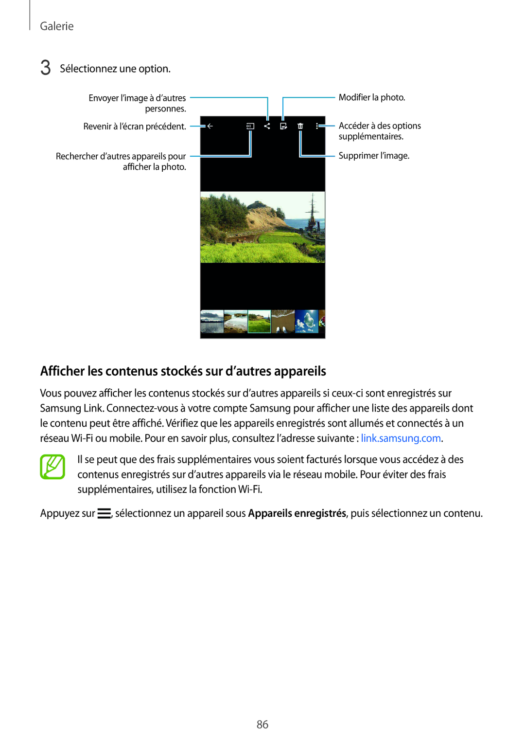 Samsung SM-G900FZDABGL, SM-G900FZWABOG, SM-G900FZKABOG manual Afficher les contenus stockés sur d’autres appareils, Galerie 