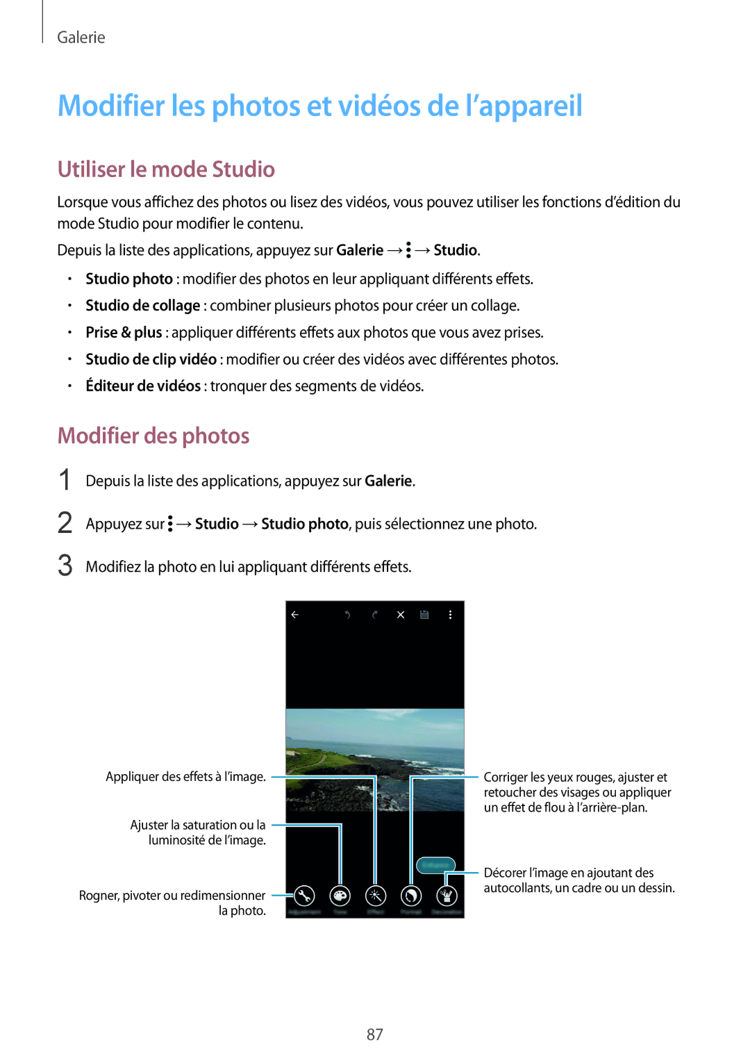 Samsung SM-G900FZDAVVT manual Modifier les photos et vidéos de l’appareil, Utiliser le mode Studio, Modifier des photos 