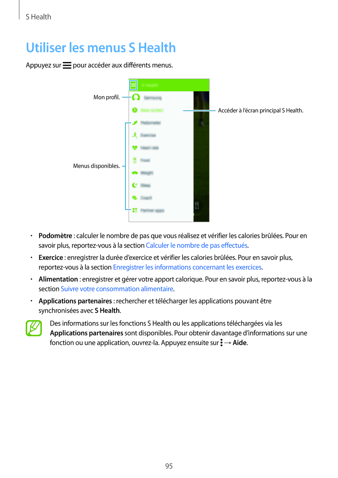 Samsung SM2G900FZWAGBL, SM-G900FZWABOG manual Utiliser les menus S Health, Appuyez sur pour accéder aux différents menus 