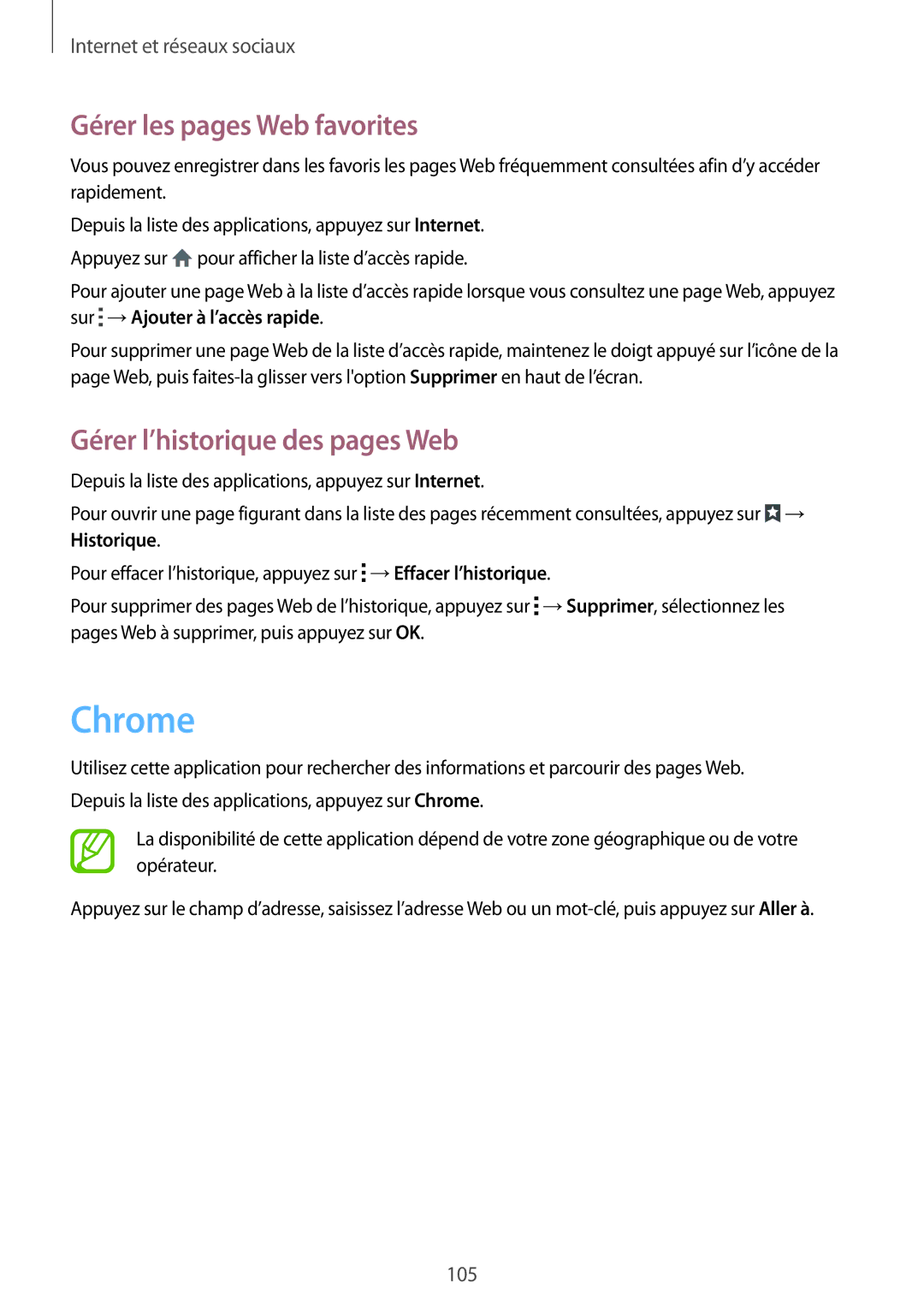 Samsung SM-G900FZBASFR, SM-G900FZWABOG manual Chrome, Gérer les pages Web favorites, Gérer l’historique des pages Web 