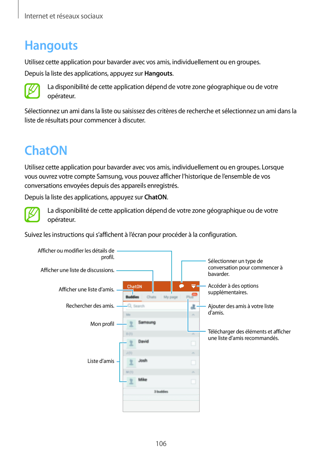 Samsung SM-G900FZWAXEF, SM-G900FZWABOG, SM-G900FZKABOG, SM-G900FZBAXEF, SM-G900FZKAFTM, SM-G900FZDAFTM manual Hangouts, ChatON 