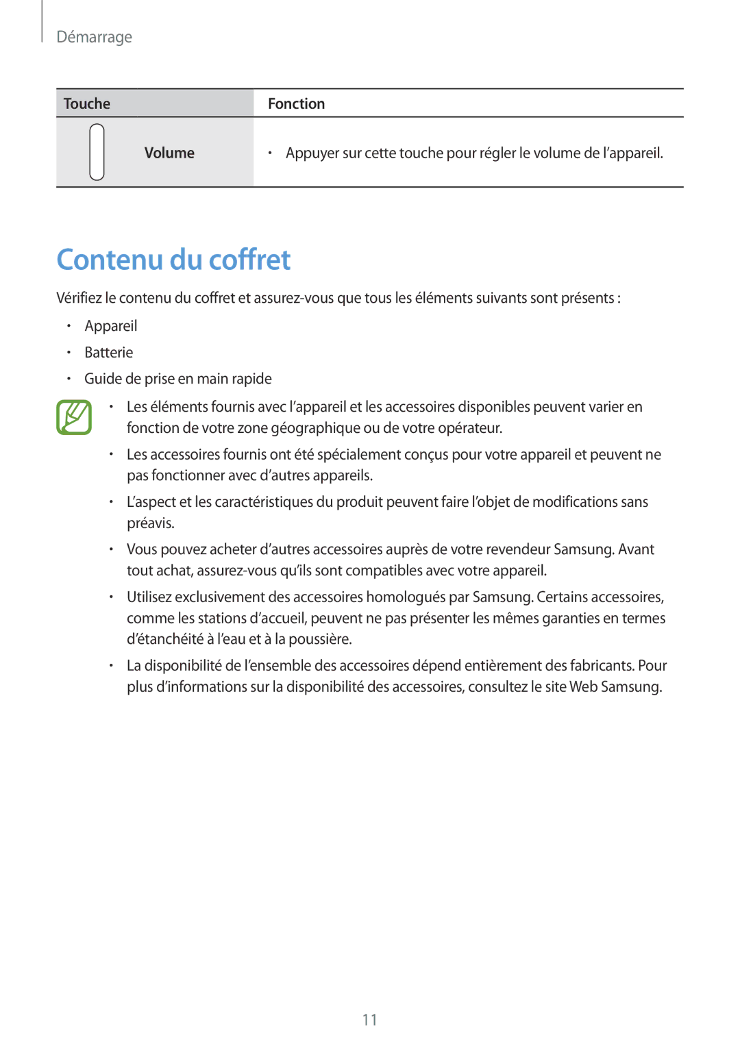 Samsung SM-G900FZKAXEF, SM-G900FZWABOG, SM-G900FZKABOG, SM-G900FZBAXEF manual Contenu du coffret, ToucheFonction Volume 