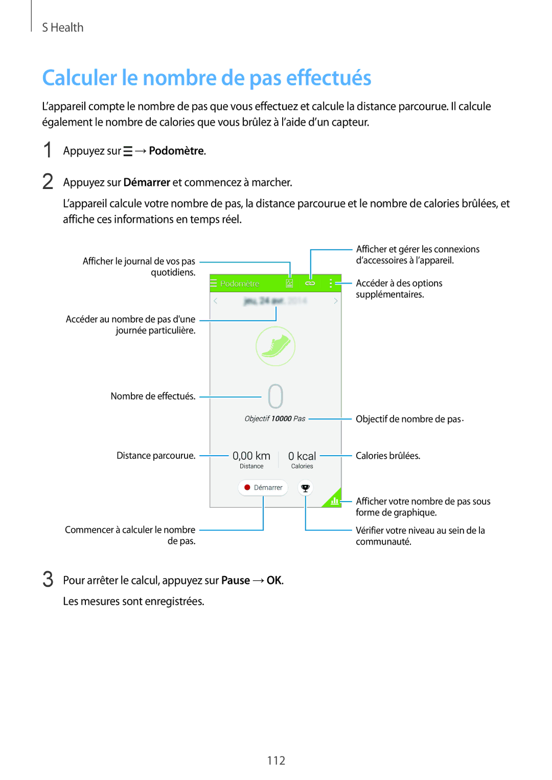 Samsung SM-G900FZWASFR, SM-G900FZWABOG manual Calculer le nombre de pas effectués, Nombre de effectués Distance parcourue 