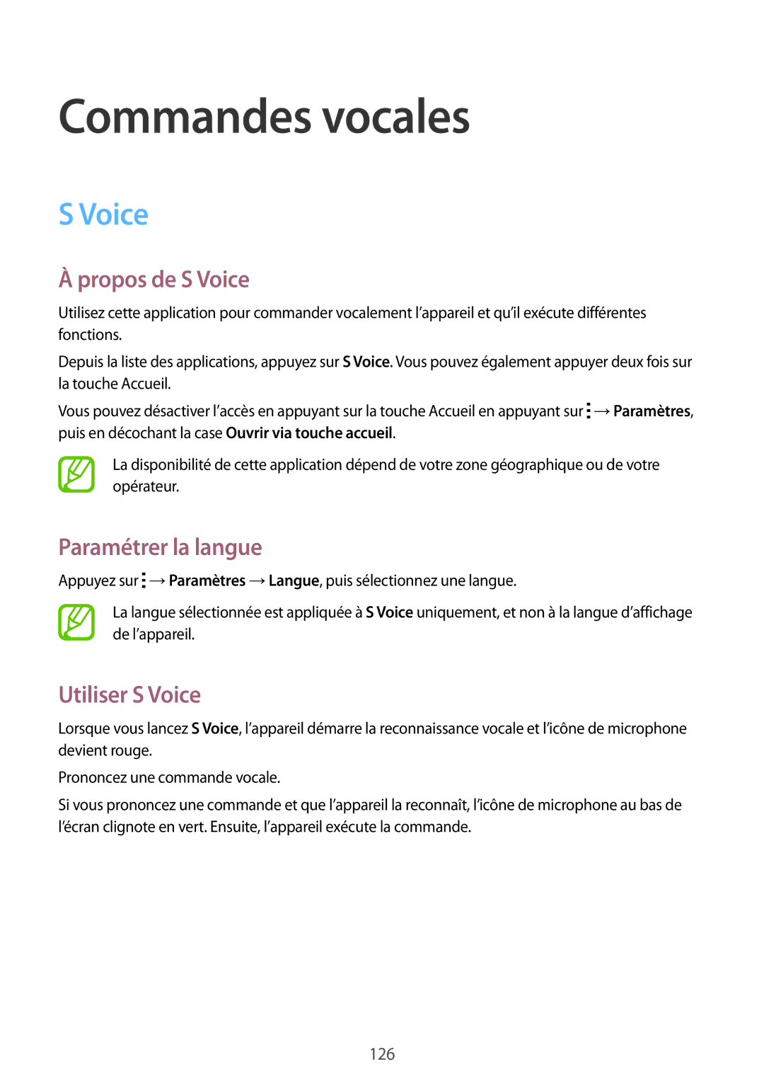 Samsung SM-G900FZWAXEF, SM-G900FZWABOG Commandes vocales, Propos de S Voice, Paramétrer la langue, Utiliser S Voice 