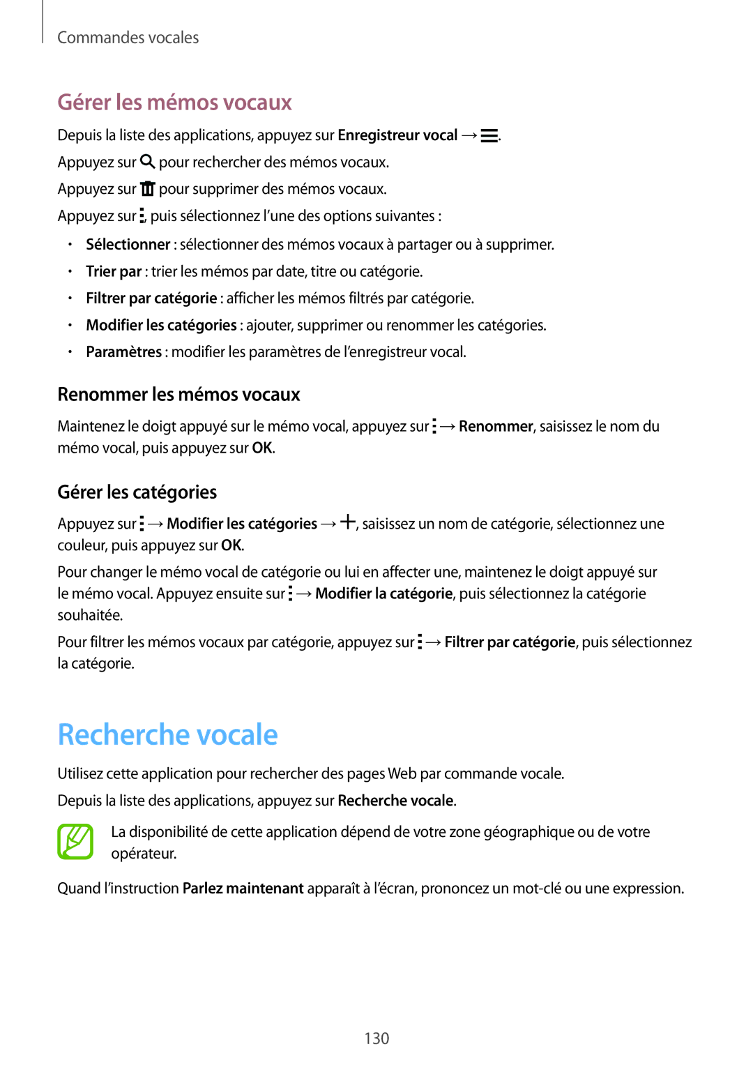 Samsung SM-G900FZWAFTM manual Recherche vocale, Gérer les mémos vocaux, Renommer les mémos vocaux, Gérer les catégories 