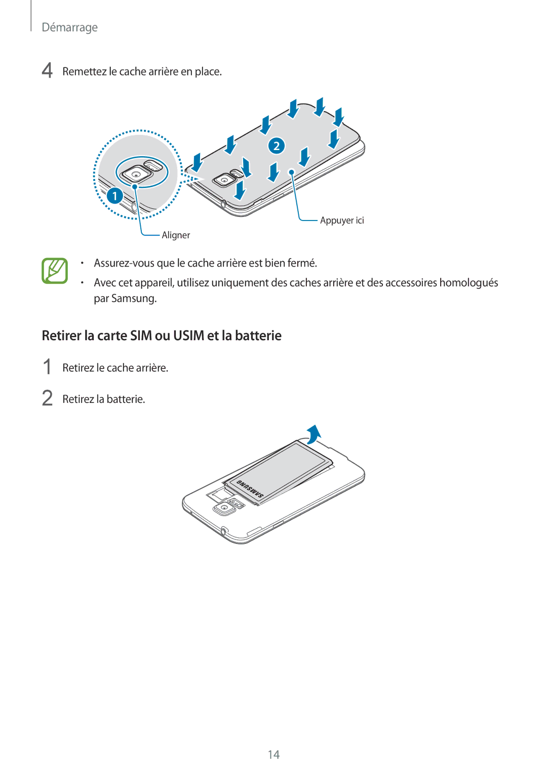 Samsung SM-G900FZKASFR, SM-G900FZWABOG, SM-G900FZKABOG, SM-G900FZBAXEF manual Retirer la carte SIM ou Usim et la batterie 