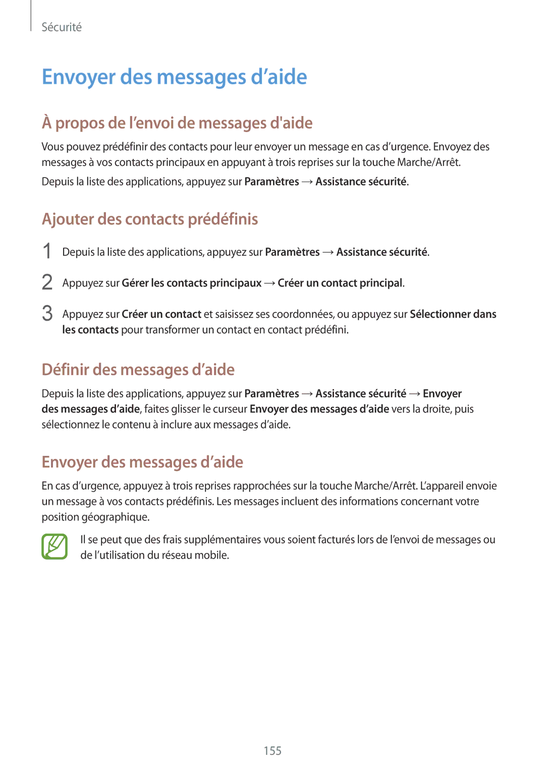 Samsung SM-G900FZWANRJ Envoyer des messages d’aide, Propos de l’envoi de messages daide, Ajouter des contacts prédéfinis 