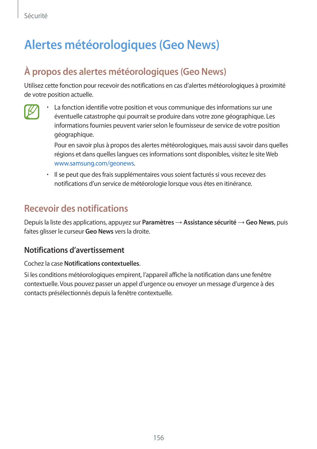 Samsung SM-G900FZKANRJ, SM-G900FZWABOG manual Alertes météorologiques Geo News, Propos des alertes météorologiques Geo News 