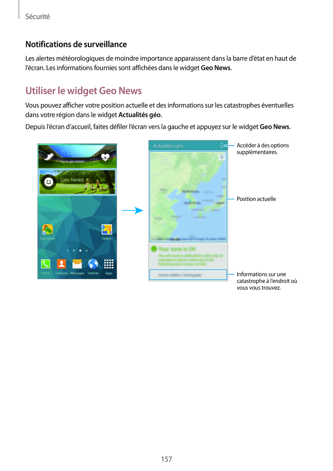 Samsung SM-G900FZDABOG, SM-G900FZWABOG, SM-G900FZKABOG manual Utiliser le widget Geo News, Notifications de surveillance 