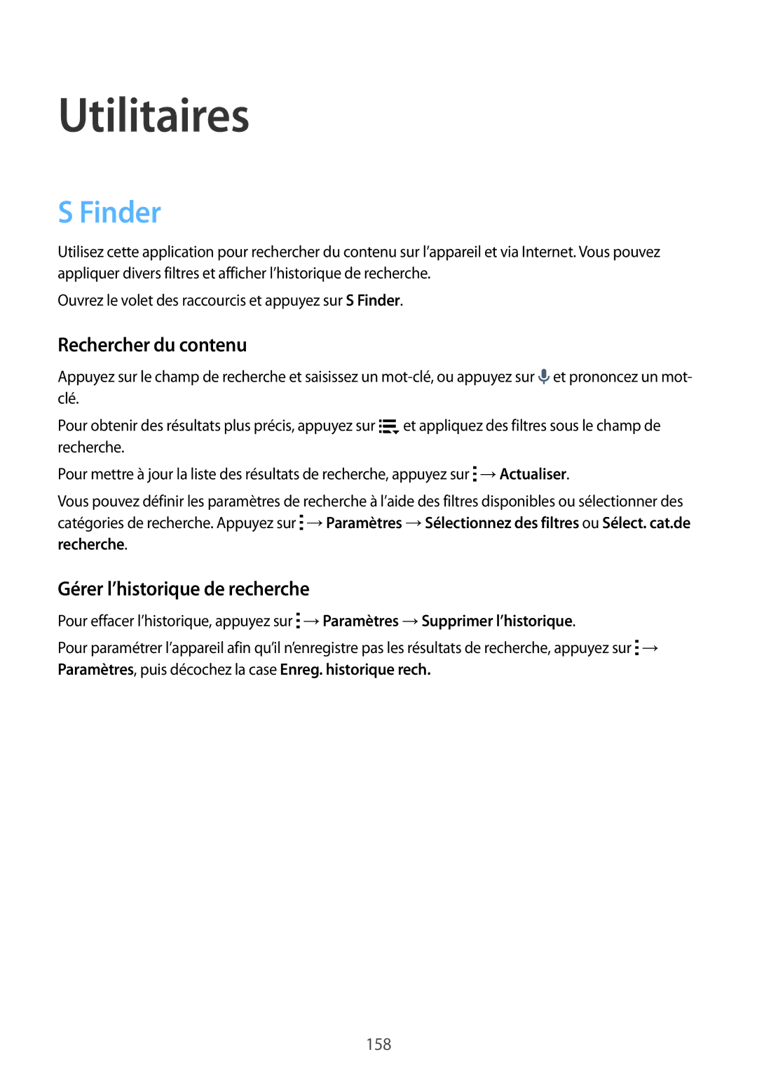 Samsung SM-G900FZBAFTM, SM-G900FZWABOG manual Utilitaires, Finder, Rechercher du contenu, Gérer l’historique de recherche 
