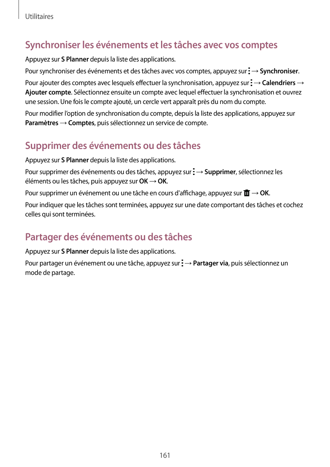 Samsung SM-G900FZKABOG Synchroniser les événements et les tâches avec vos comptes, Supprimer des événements ou des tâches 