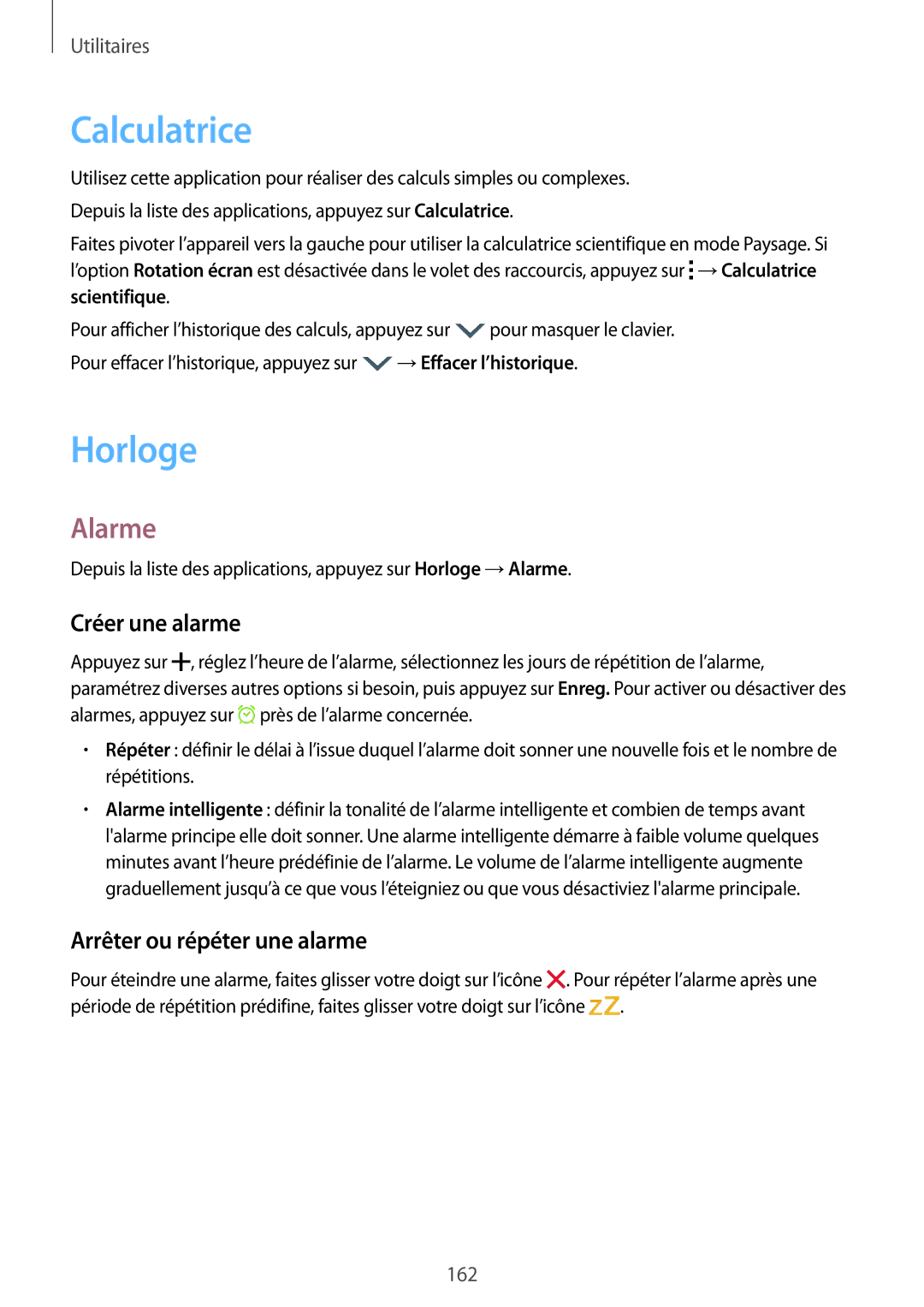 Samsung SM-G900FZBAXEF, SM-G900FZWABOG manual Calculatrice, Horloge, Alarme, Créer une alarme, Arrêter ou répéter une alarme 