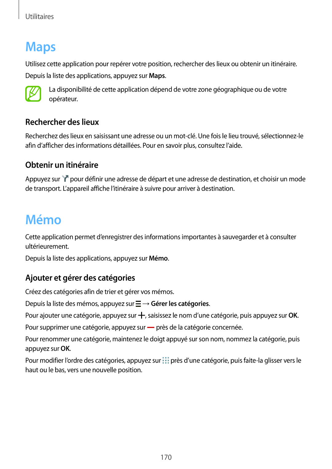 Samsung SM-G900FZWAFTM manual Maps, Mémo, Rechercher des lieux, Obtenir un itinéraire, Ajouter et gérer des catégories 