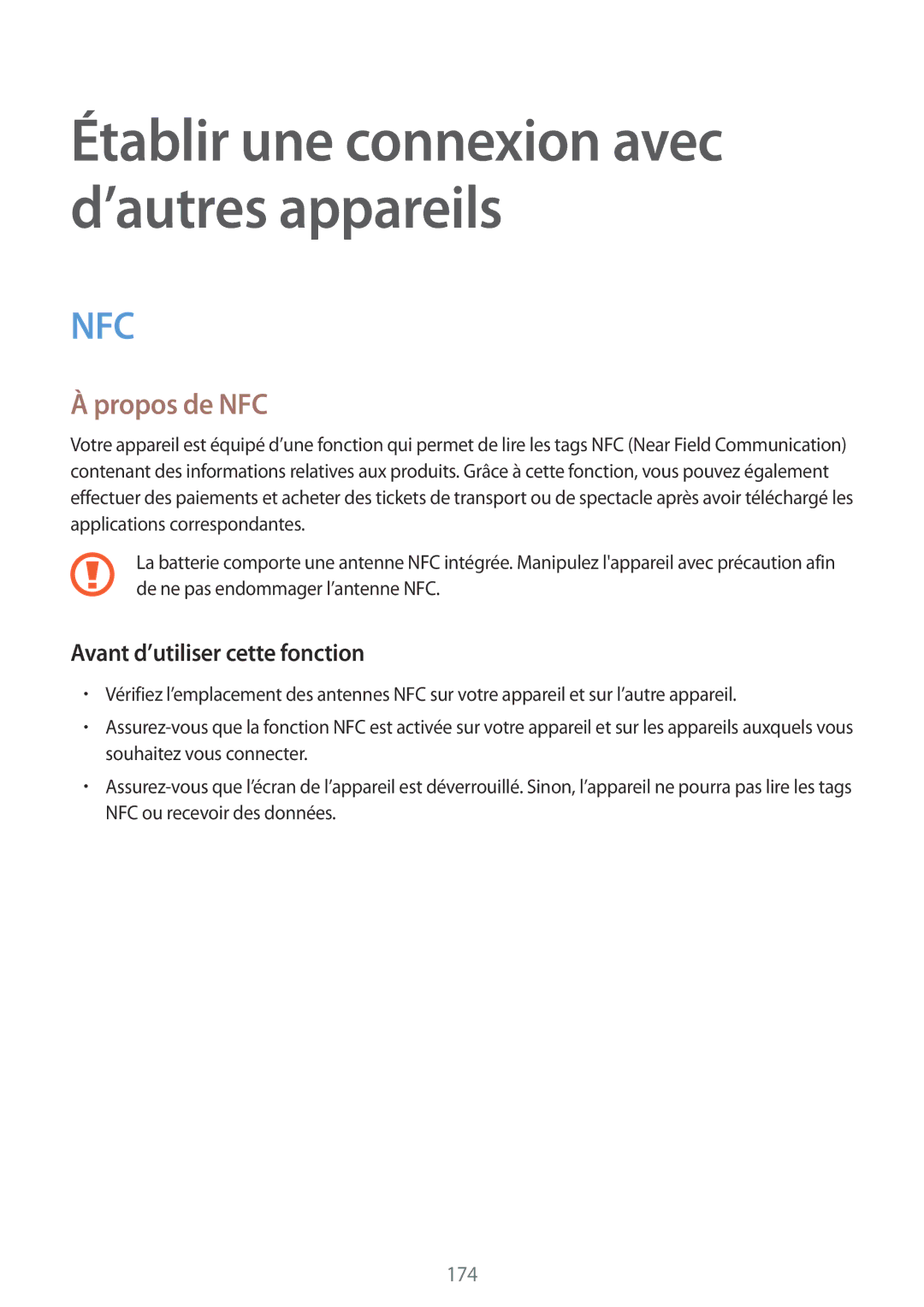 Samsung SM-G900FZKASFR, SM-G900FZWABOG, SM-G900FZKABOG manual Établir une connexion avec d’autres appareils, Propos de NFC 