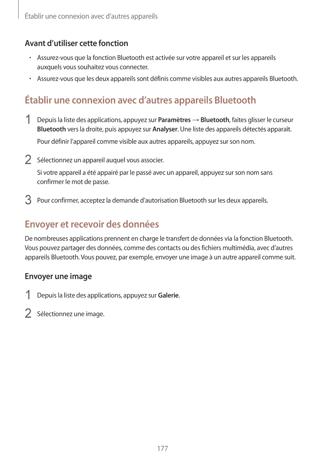 Samsung SM-G900FZDABOG manual Établir une connexion avec d’autres appareils Bluetooth, Envoyer et recevoir des données 