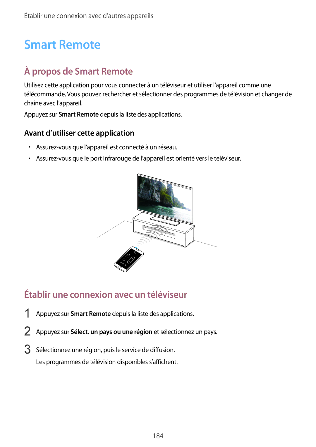 Samsung SM-G900FZDAFTM, SM-G900FZWABOG, SM-G900FZKABOG Propos de Smart Remote, Établir une connexion avec un téléviseur 