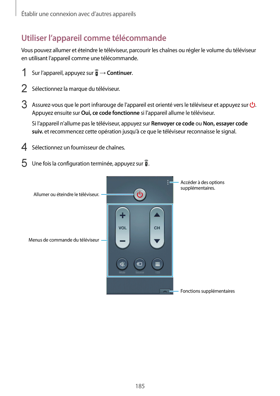 Samsung SM-G900FZBASFR, SM-G900FZWABOG, SM-G900FZKABOG, SM-G900FZBAXEF, SM-G900FZKAFTM Utiliser l’appareil comme télécommande 