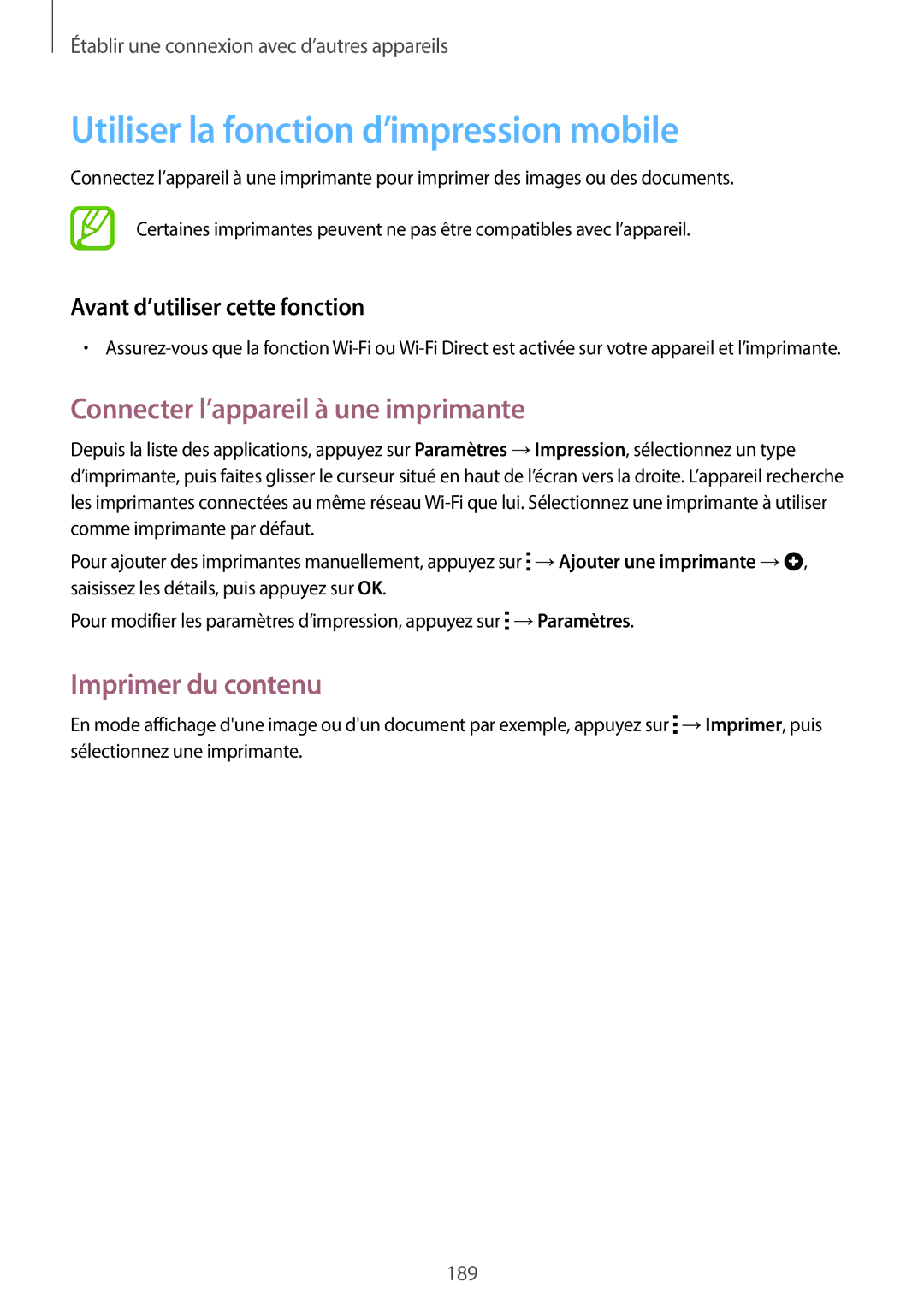 Samsung SM-G900FZWAVGF, SM-G900FZWABOG Utiliser la fonction d’impression mobile, Connecter l’appareil à une imprimante 
