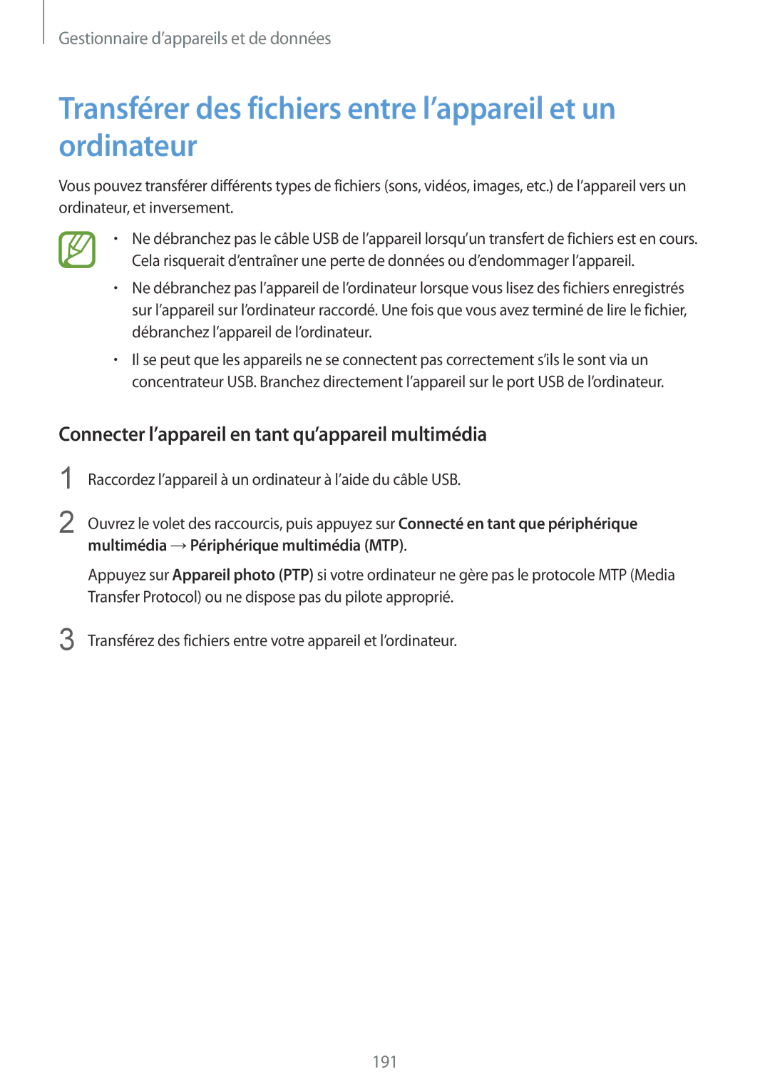 Samsung SM-G900FZKAXEF, SM-G900FZWABOG, SM-G900FZKABOG manual Transférer des fichiers entre l’appareil et un ordinateur 