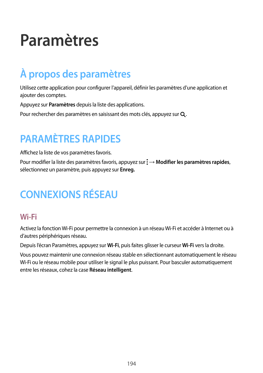 Samsung SM-G900FZKASFR, SM-G900FZWABOG, SM-G900FZKABOG, SM-G900FZBAXEF manual Paramètres, Propos des paramètres, Wi-Fi 