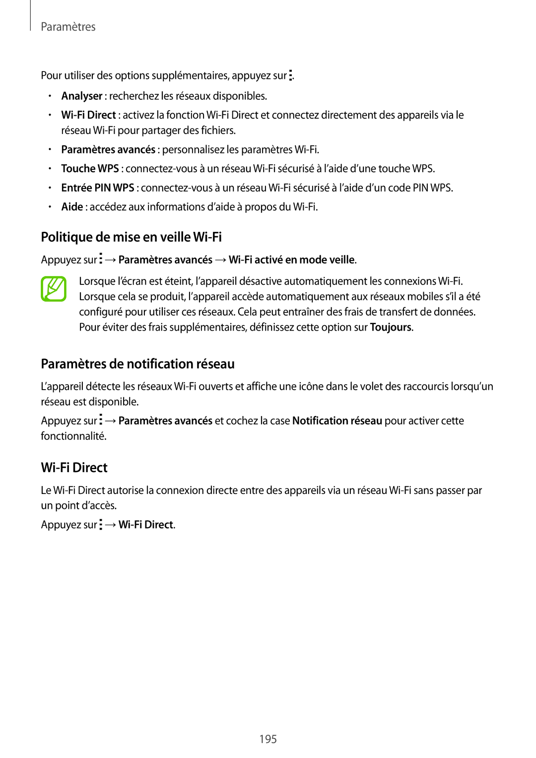 Samsung SM-G900FZWANRJ, SM-G900FZWABOG Politique de mise en veille Wi-Fi, Paramètres de notification réseau, Wi-Fi Direct 