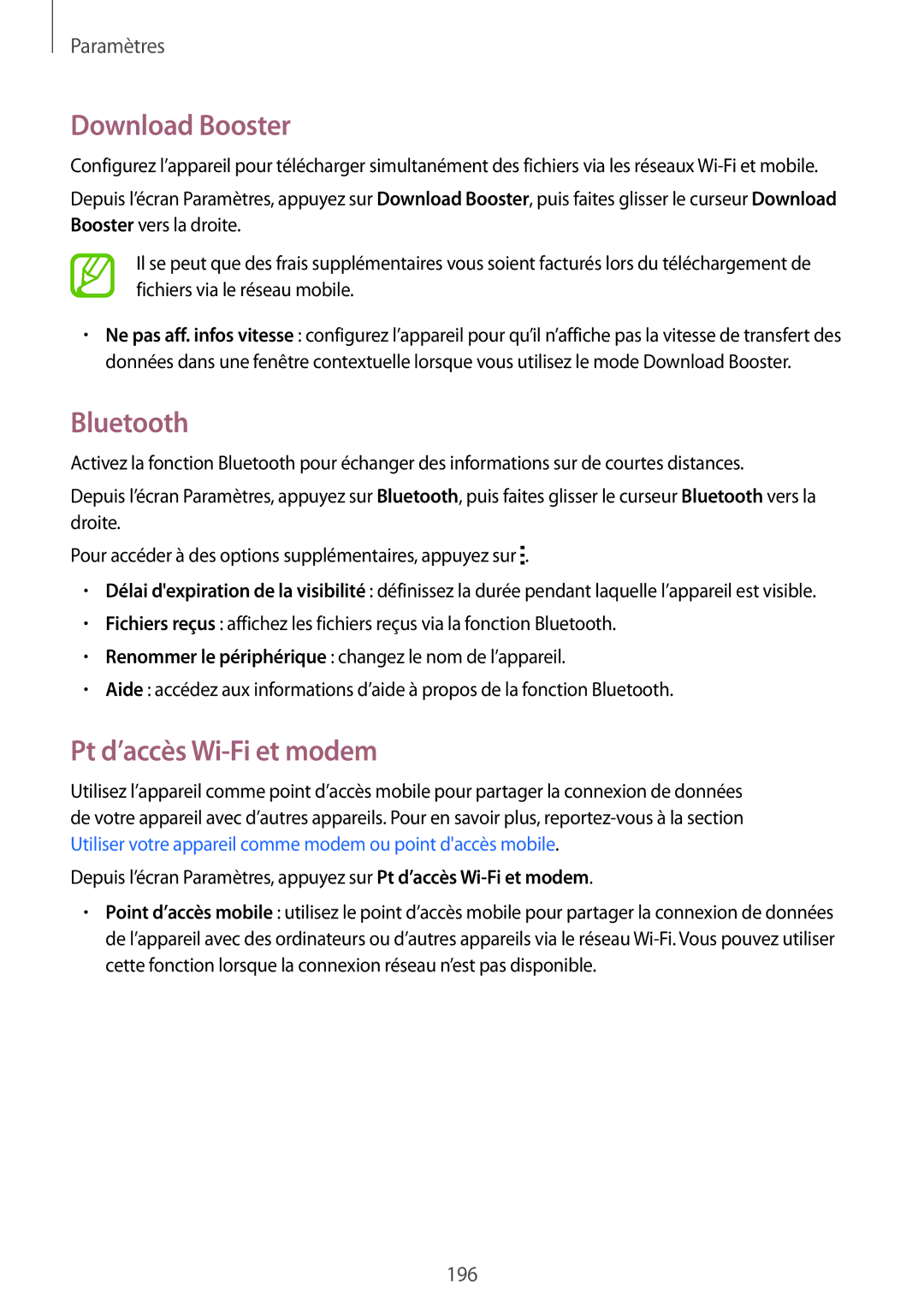 Samsung SM-G900FZKANRJ, SM-G900FZWABOG, SM-G900FZKABOG manual Download Booster, Bluetooth, Pt d’accès Wi-Fi et modem 